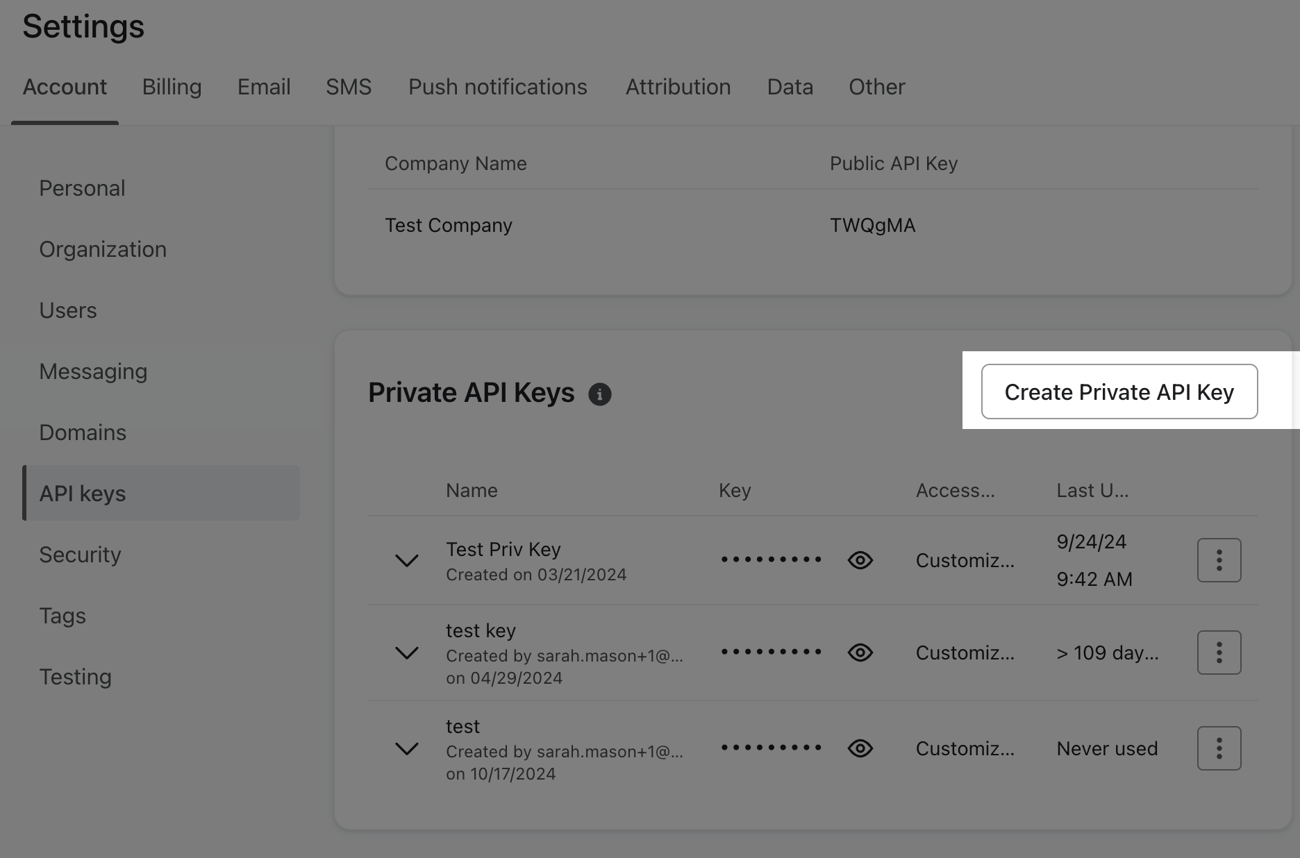 Settings page with button to create a private API key.