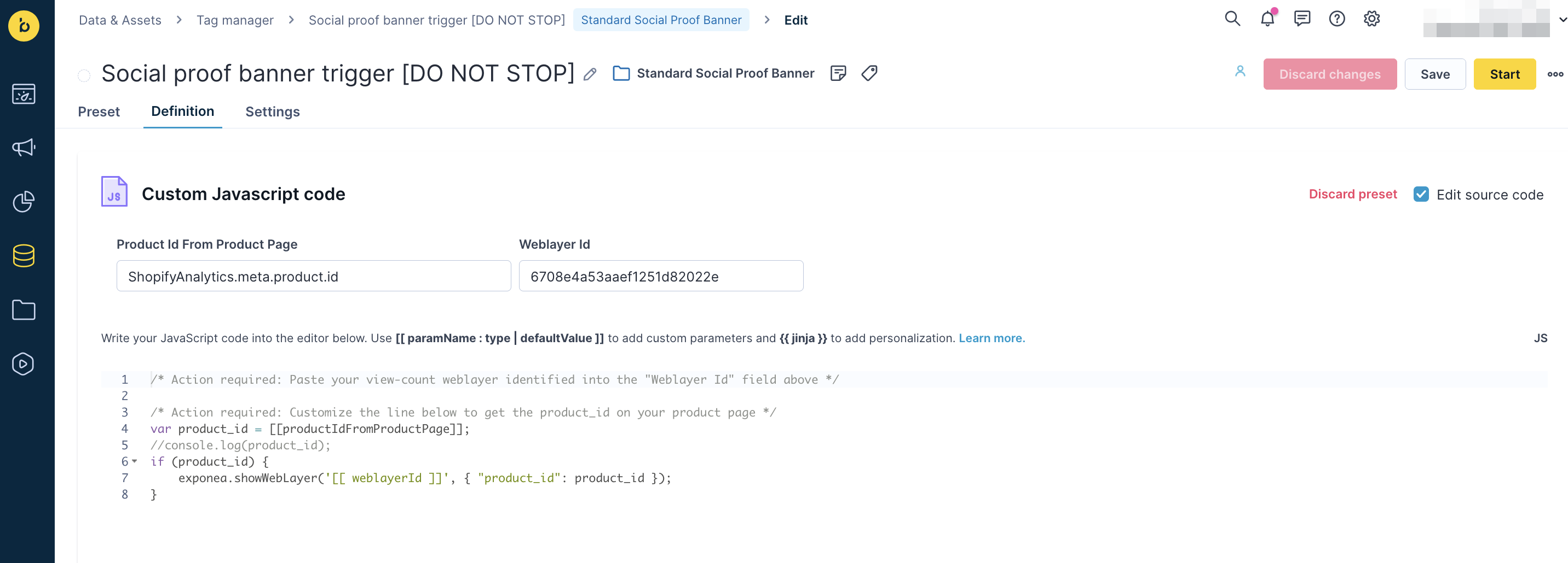 ![Social proof banner trigger configuration interface showing custom JavaScript code settings and parameters