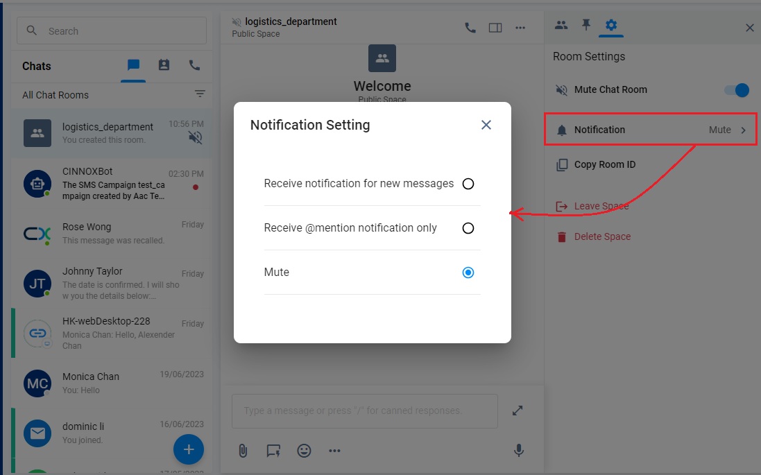Mute/Unmute and @mentions only in Space Room