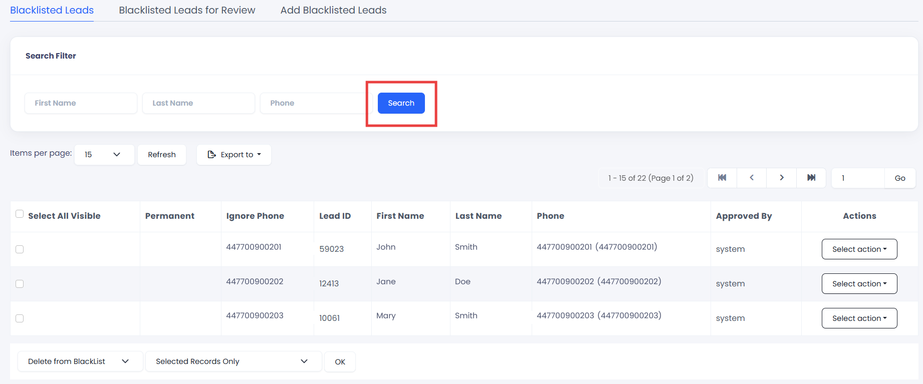 Screenshot of the Blacklisted Leads tab