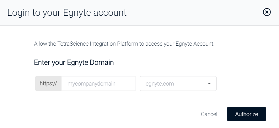Enter the URL of your organization's Egnyte instance, and click Authorize to log into Egnyte. You will need to enter your Egnyte credentials (username and password). If you are already logged into Egnyte in your browser, you just need to click "Allow Access" and you will be redirected back without entering your credentials again.
