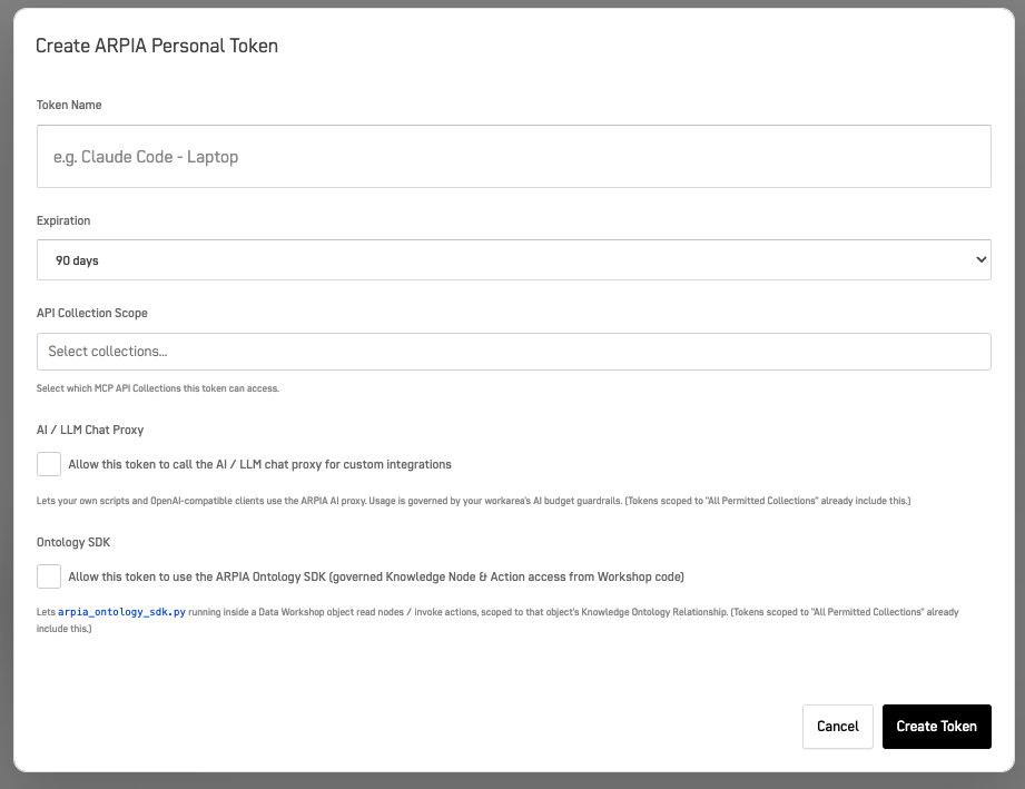 Create ARPIA Personal Token