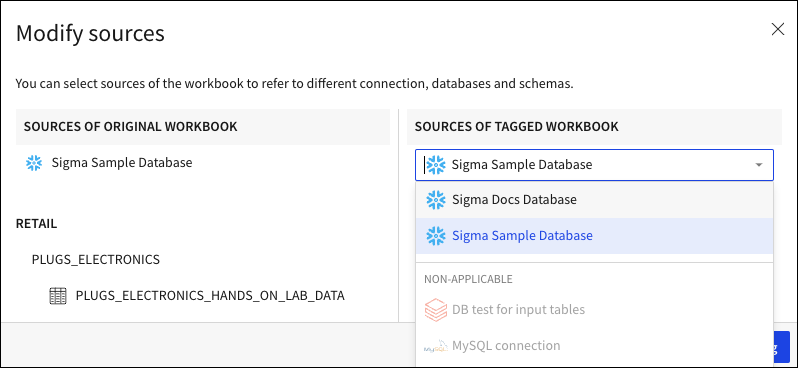 Modify sources modal, with the dropdown for sources of tagged workbook open.