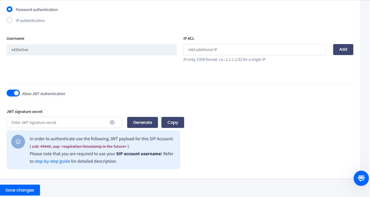 Editing SIP account: allowing JWT authentication