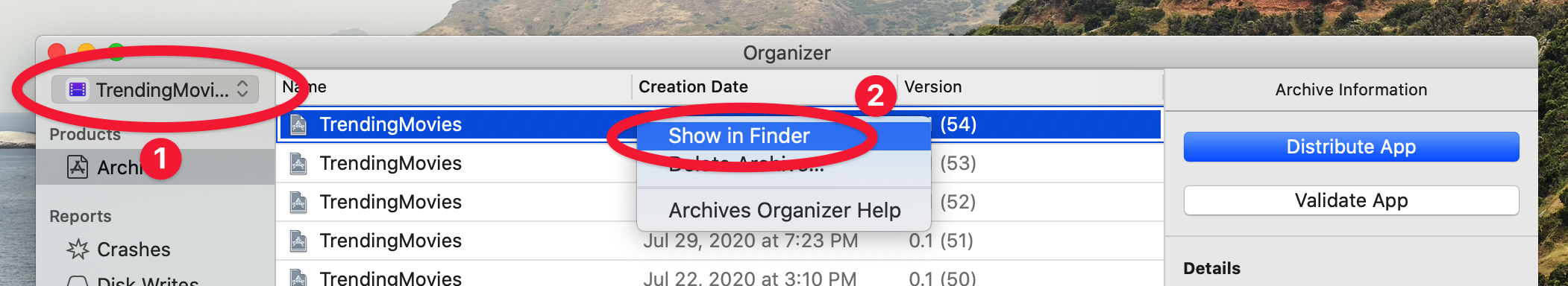 Finding the archive in the Xcode Organizer