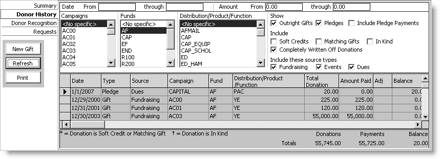 From Customers, select Manage customers > Fundraising > Donor History