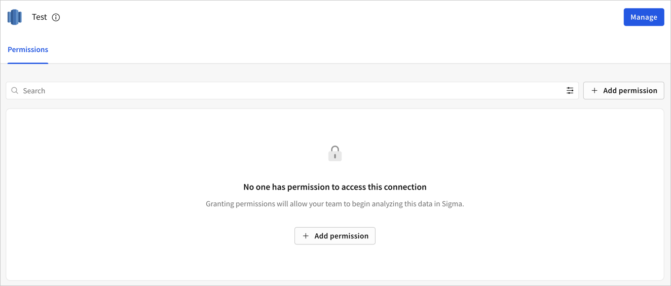 The Permission summary on the connection, showing that no users have access to this connection yet.