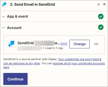 Screenshot of the **Send Email in SendGrid** event dialog: **Account** step