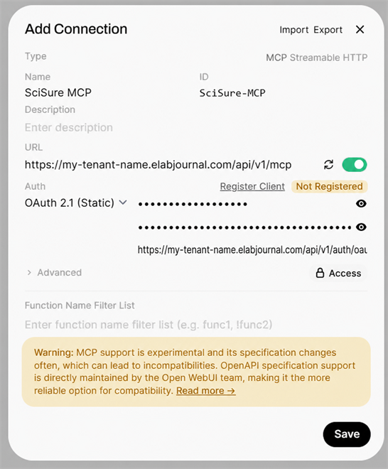 Open WebUI Add Connection dialog configured for SciSure MCP with a Not Registered status