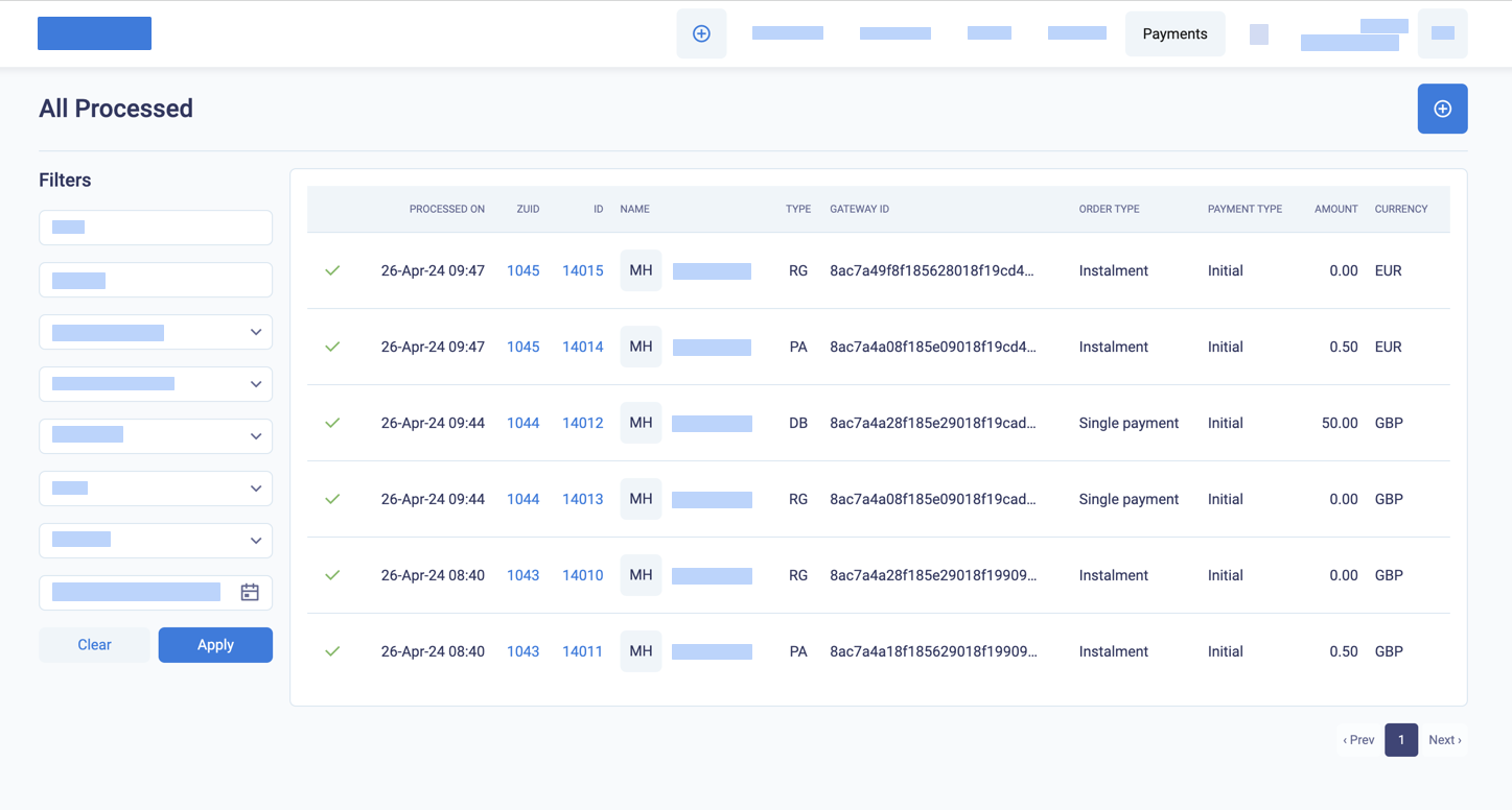 Initial transactions for orders showing card registrations and payments