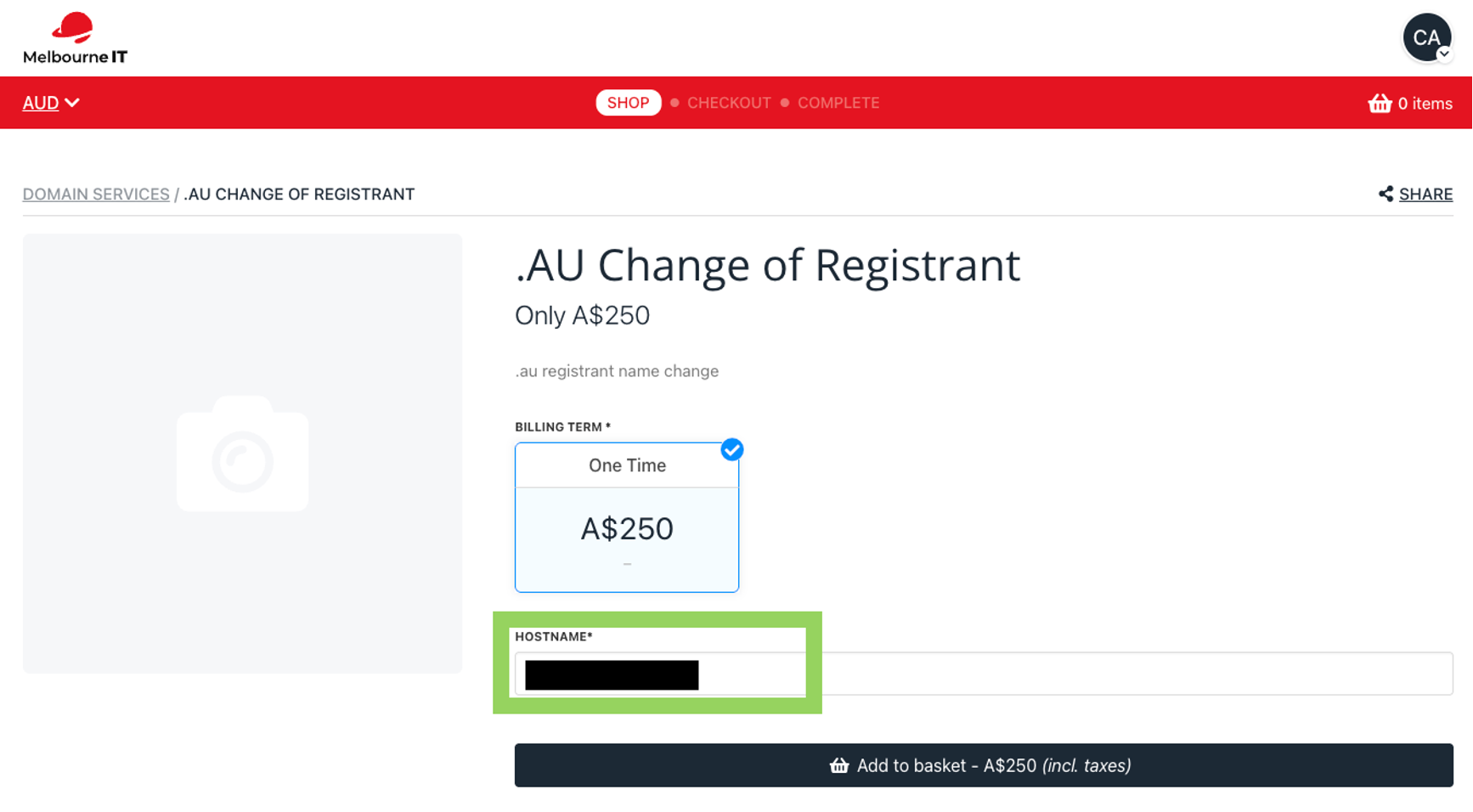 .AU Change of Registrant product page with the Hostname field highlighted