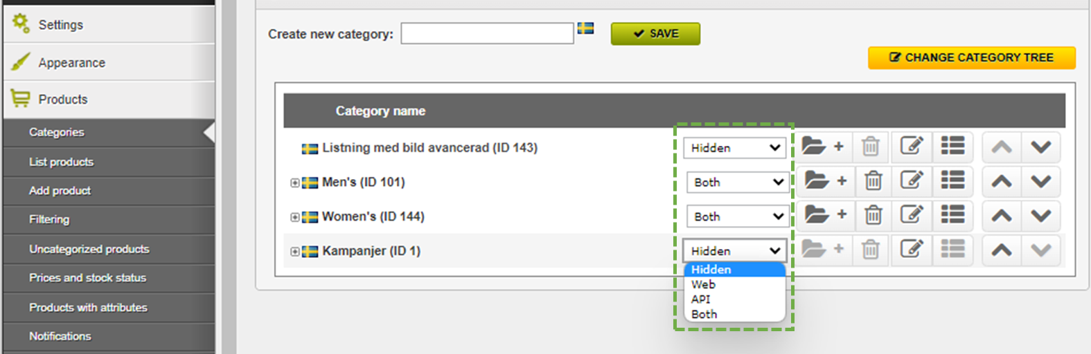 Category Visibility setting in Jetshop. Use the setting "Both" or "API"