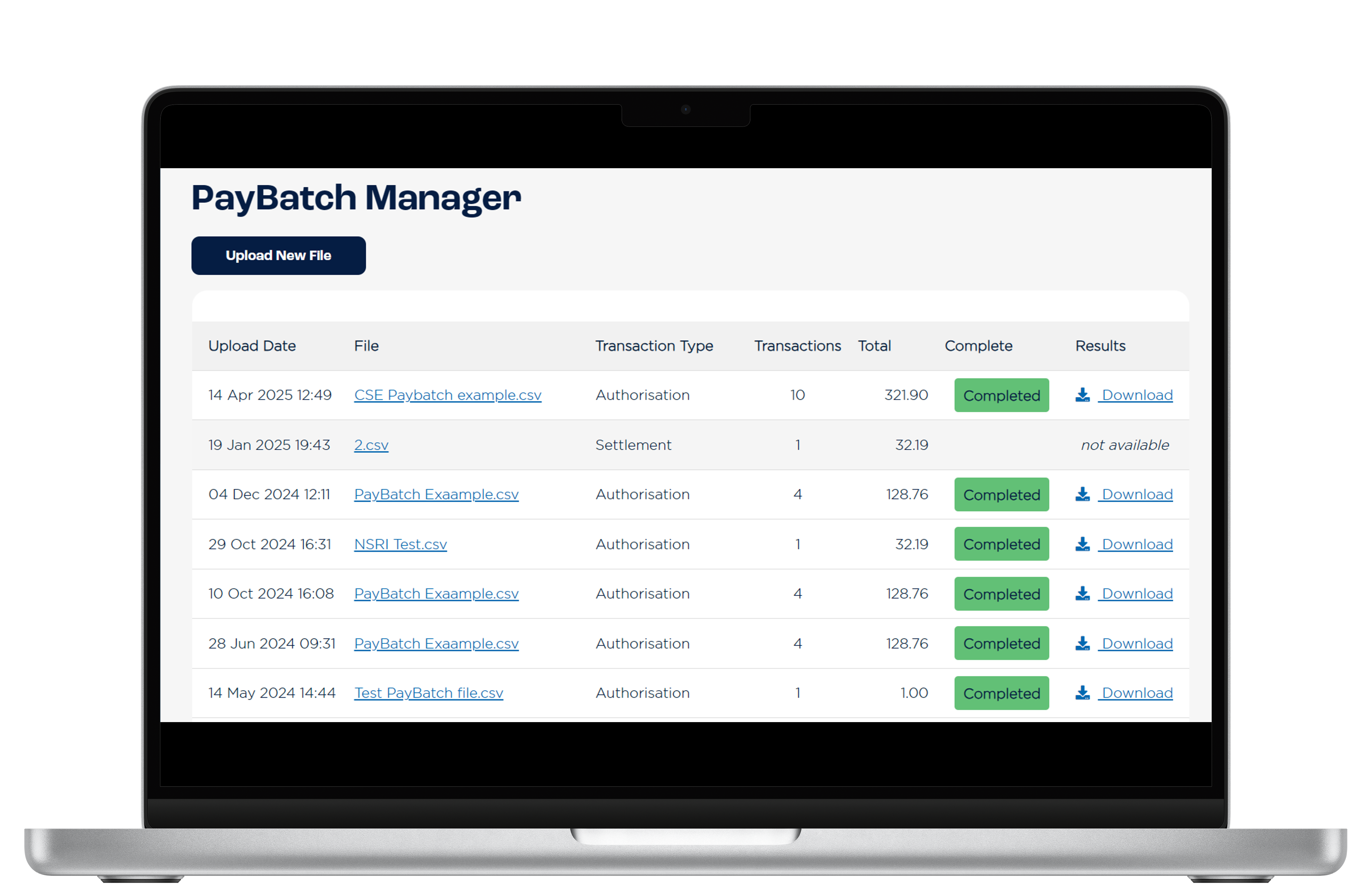 The screenshot shows a table of PayBatch batch manager upload results.
