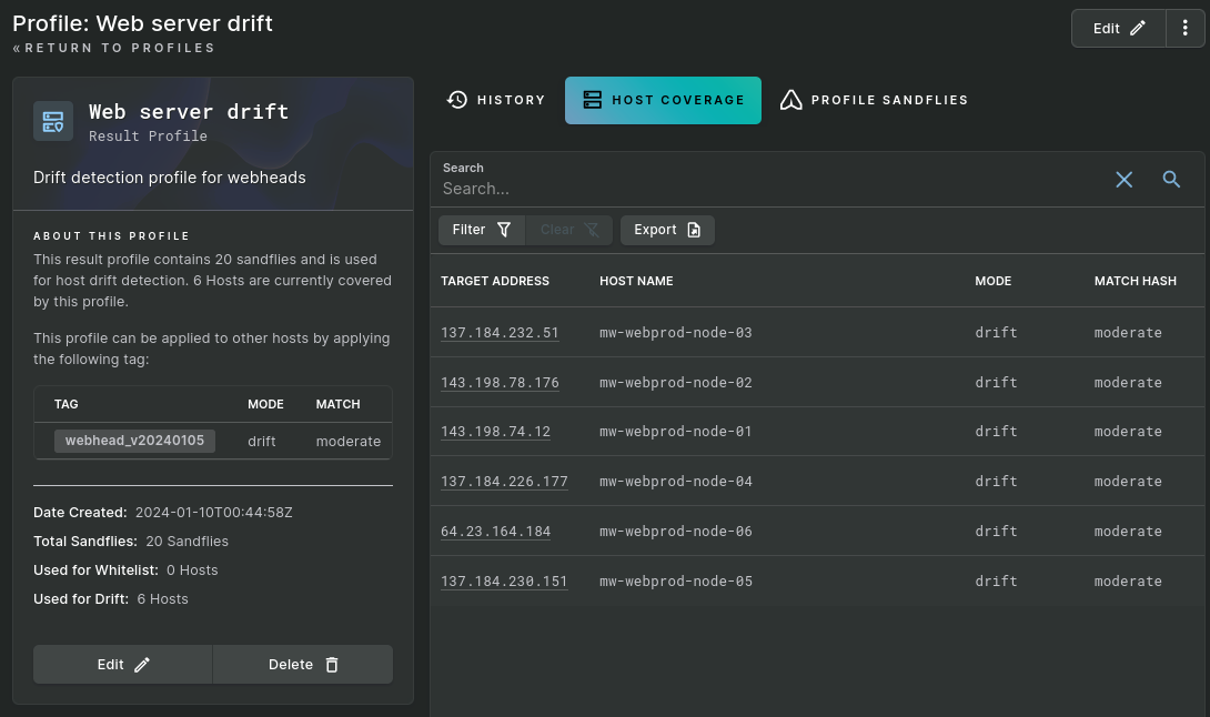 Screenshot of the result profile detail page with the host coverage tab selected.