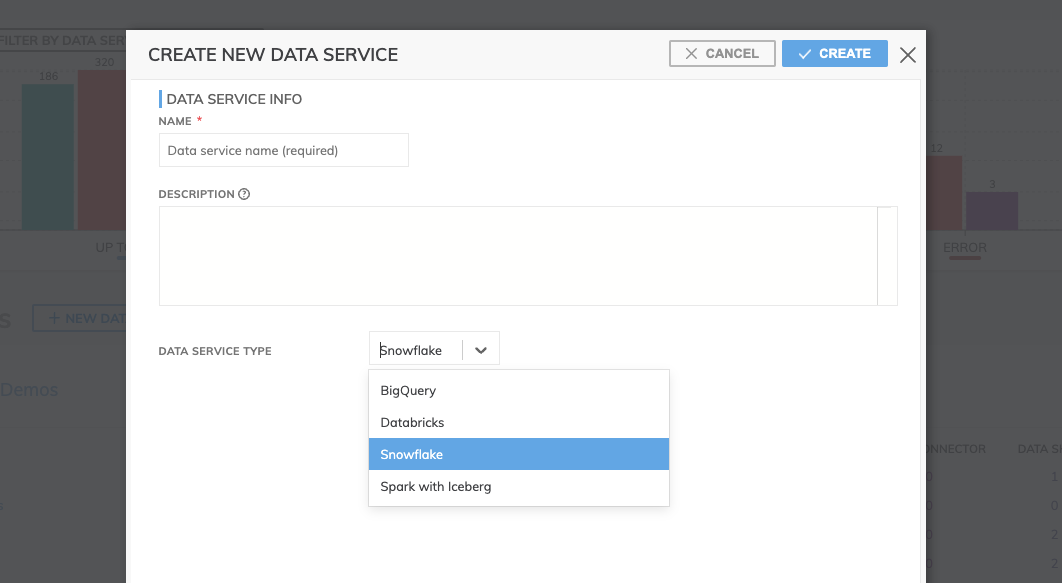 In this example, we've chosen Snowflake as our Data Service type.