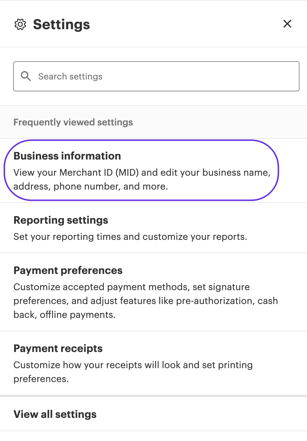 Merchant Dashboard: Settings side panel