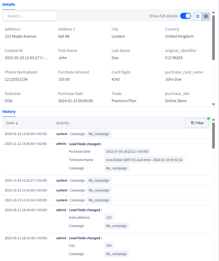 Screenshot of the Lead Details and History sections