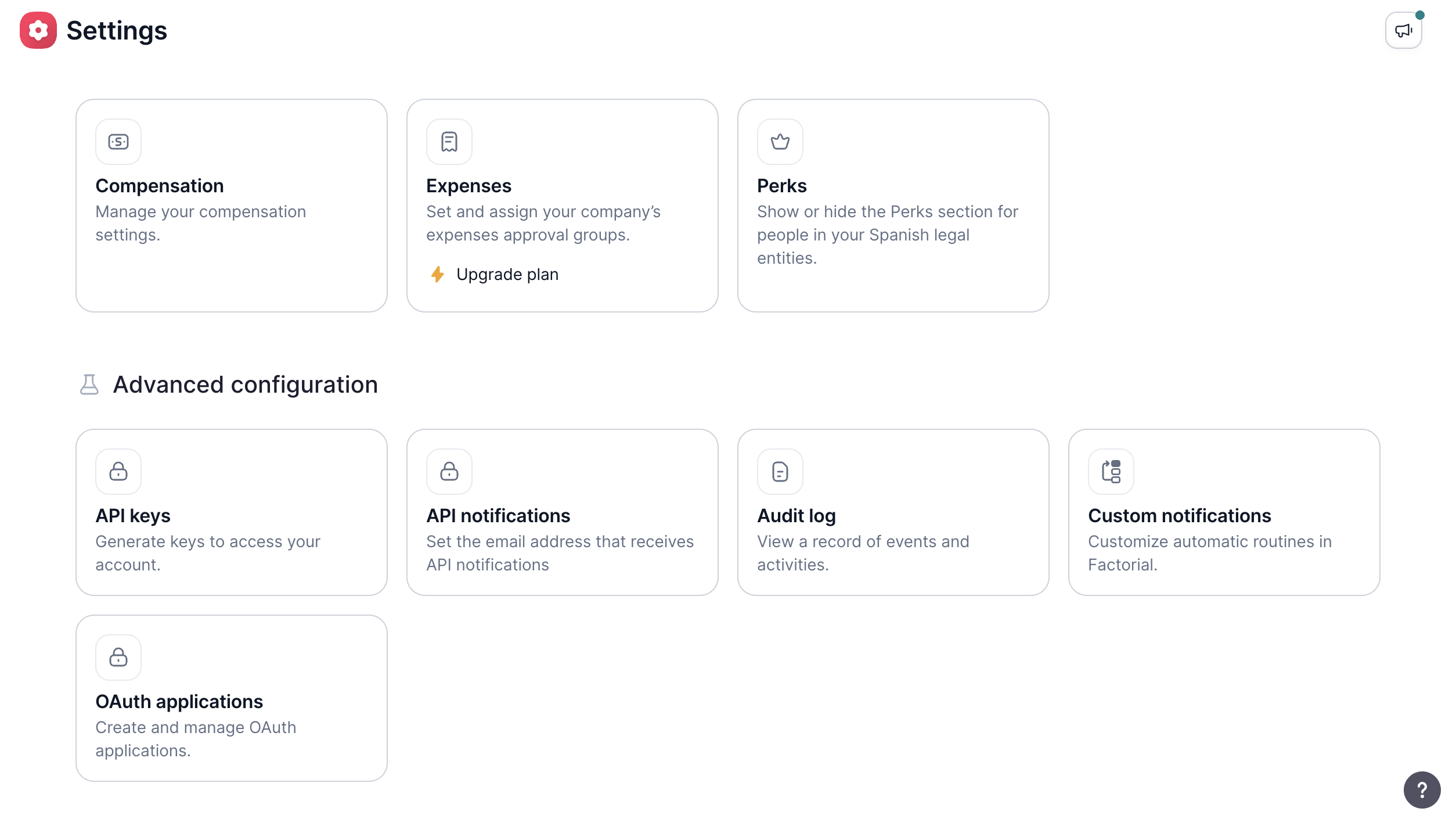 Factorial Settings page with the OAuth applications card under Advanced configuration