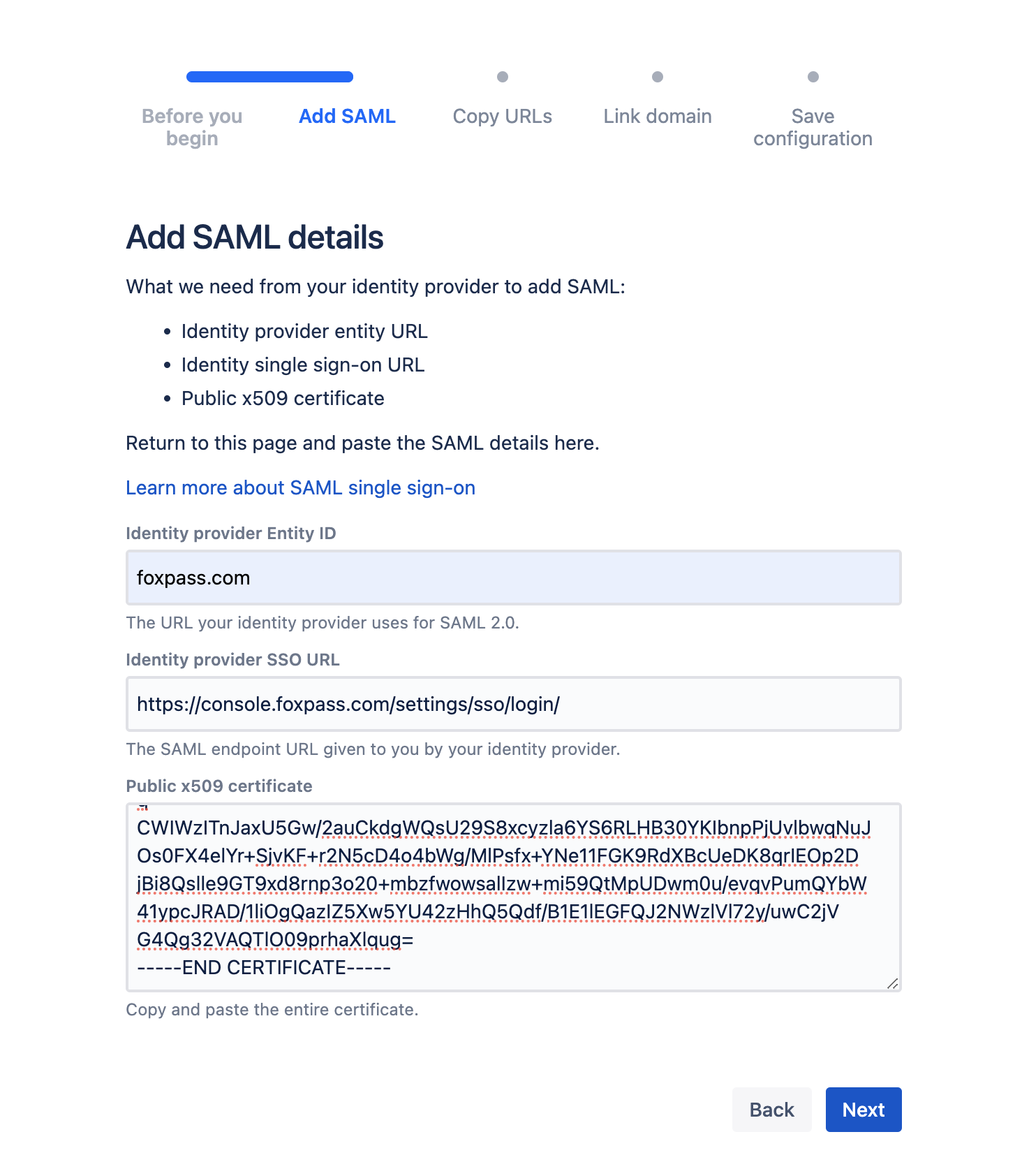 Add SAML details