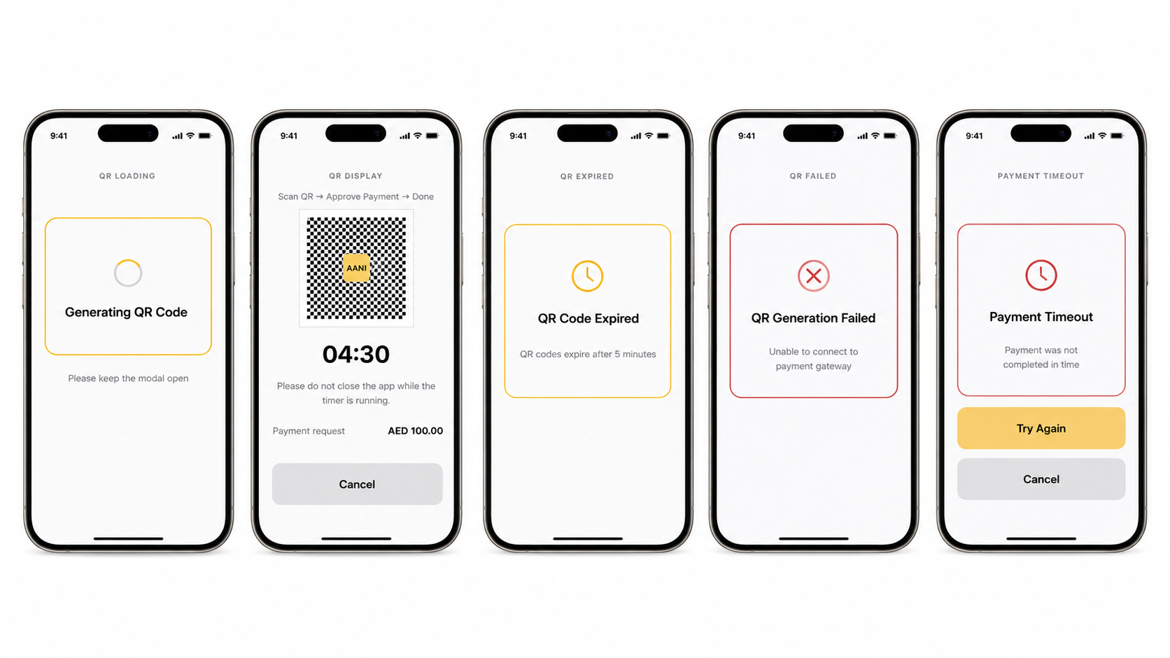 Network Apple Pay AANI QR code payment screens. 