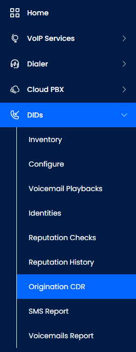 Screenshot of the DIDs in the main menu with Origination CDR highlighted