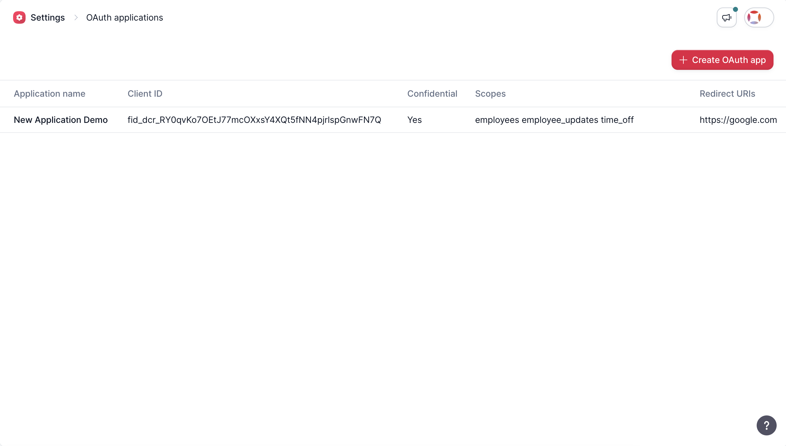 OAuth applications page listing an application with client ID, confidentiality, scopes, and redirect URI