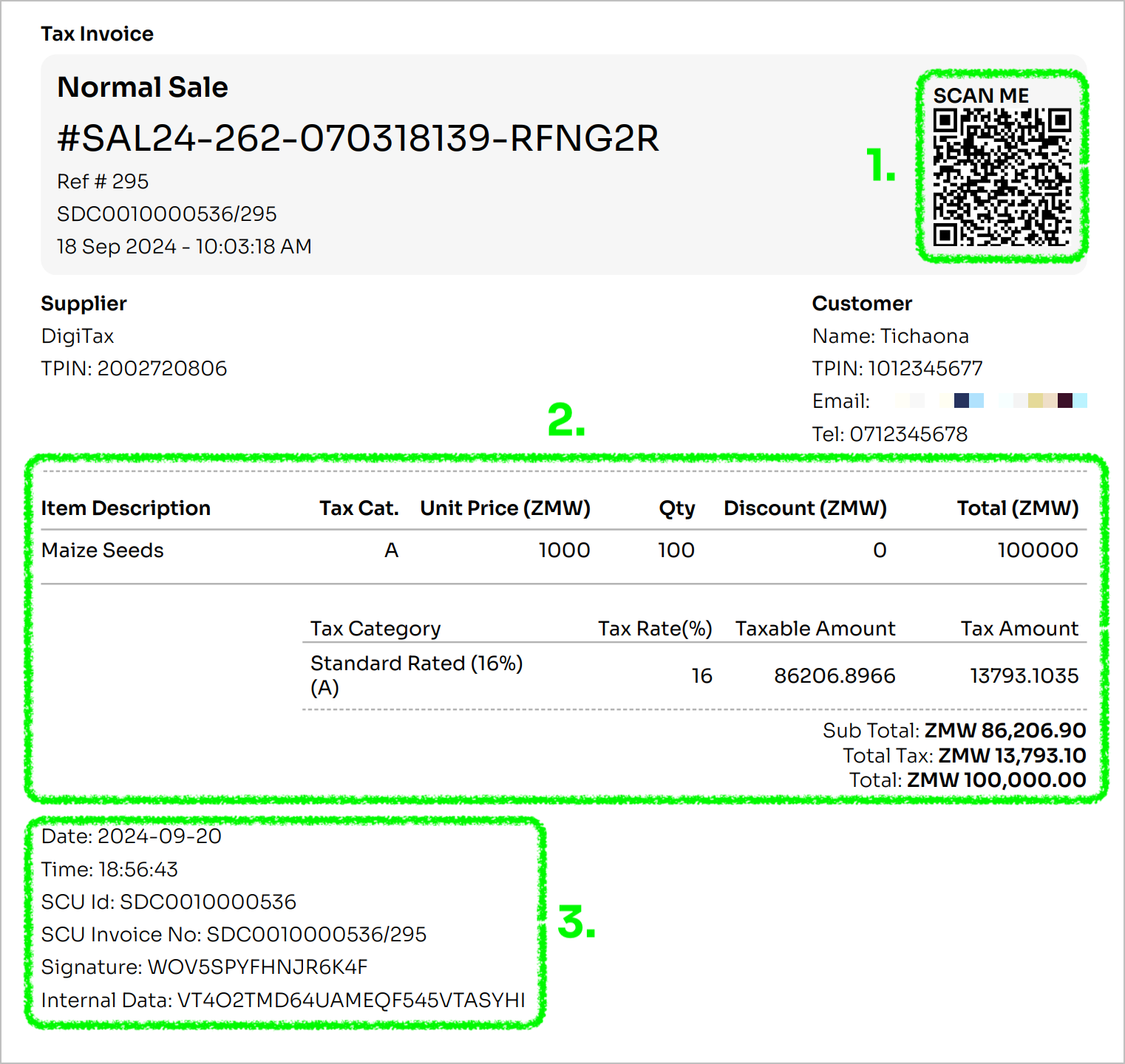 ZRA smart sales invoice with key sections highlighted