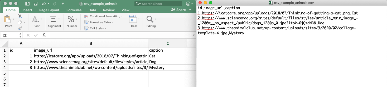 The same CSV file viewed in Excel and a text editor. In the text editor you can see the commas separating the values