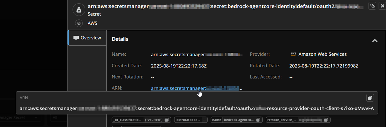 Secret details panel with the full ARN value expanded in a copyable text field at the bottom of the page