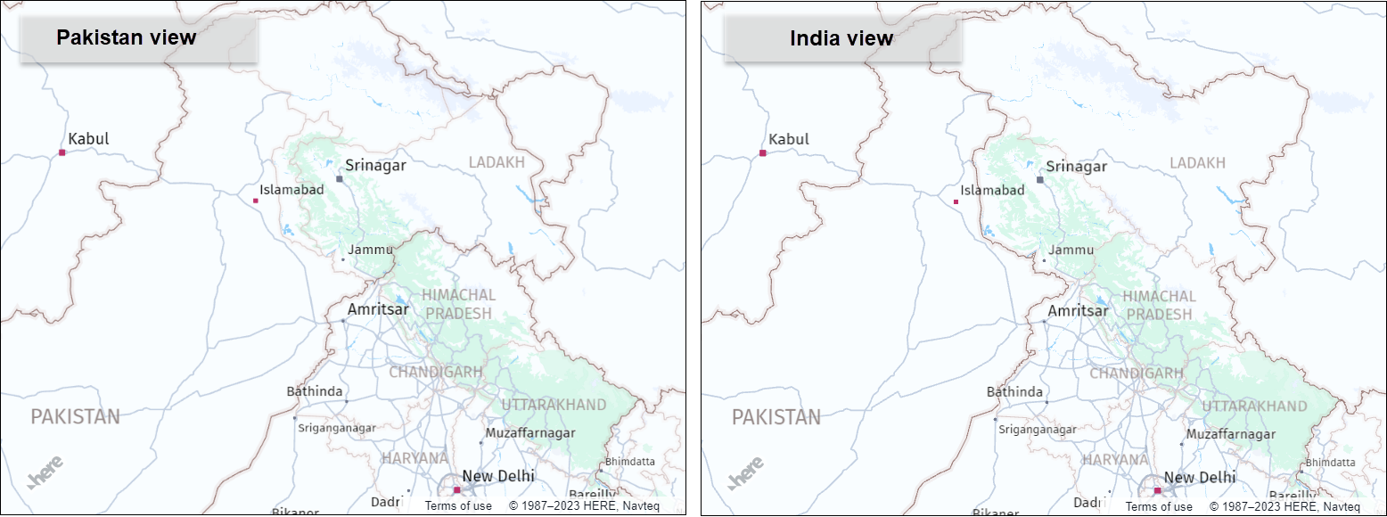 Geopolitical view examples for the Kashmir region