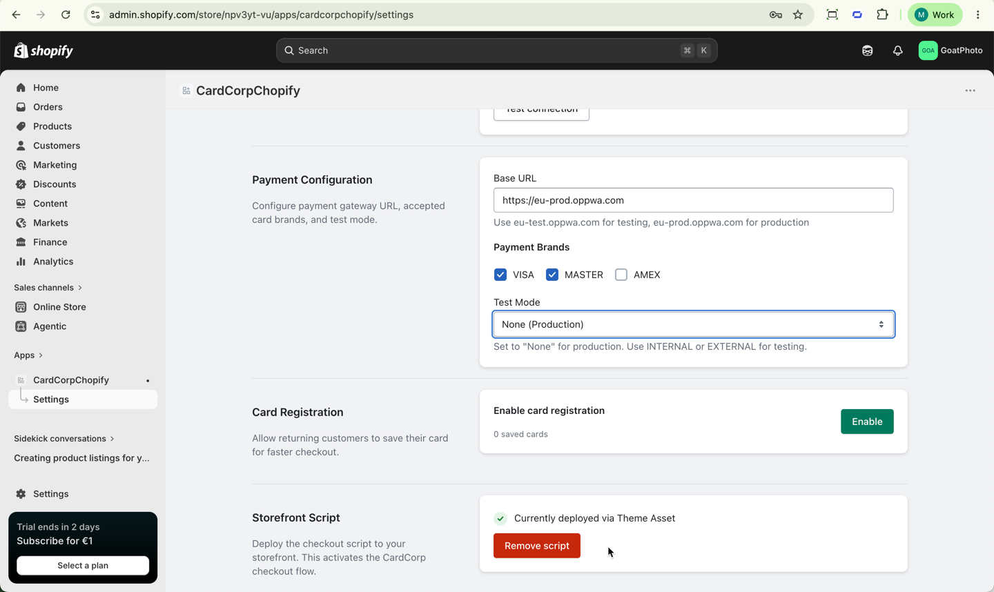 Set the Base URL and set Test Mode to None, remove the existing script, and deploy the script again.