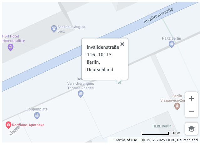 The map showing the retrieved address of a location