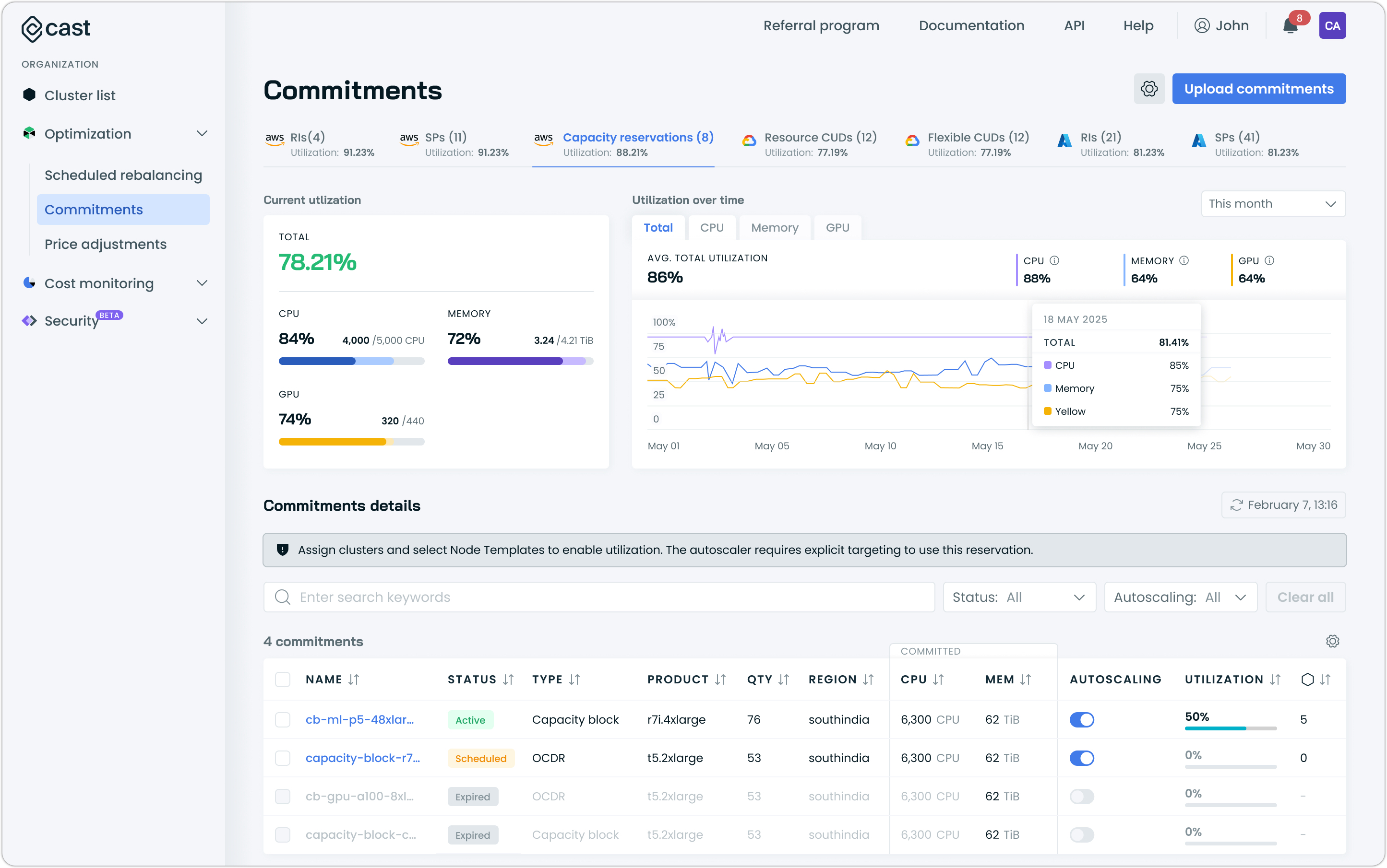 The reservation detail panel showing cluster assignment with Node Template selection. Each assigned cluster must have at least one Node Template selected.
