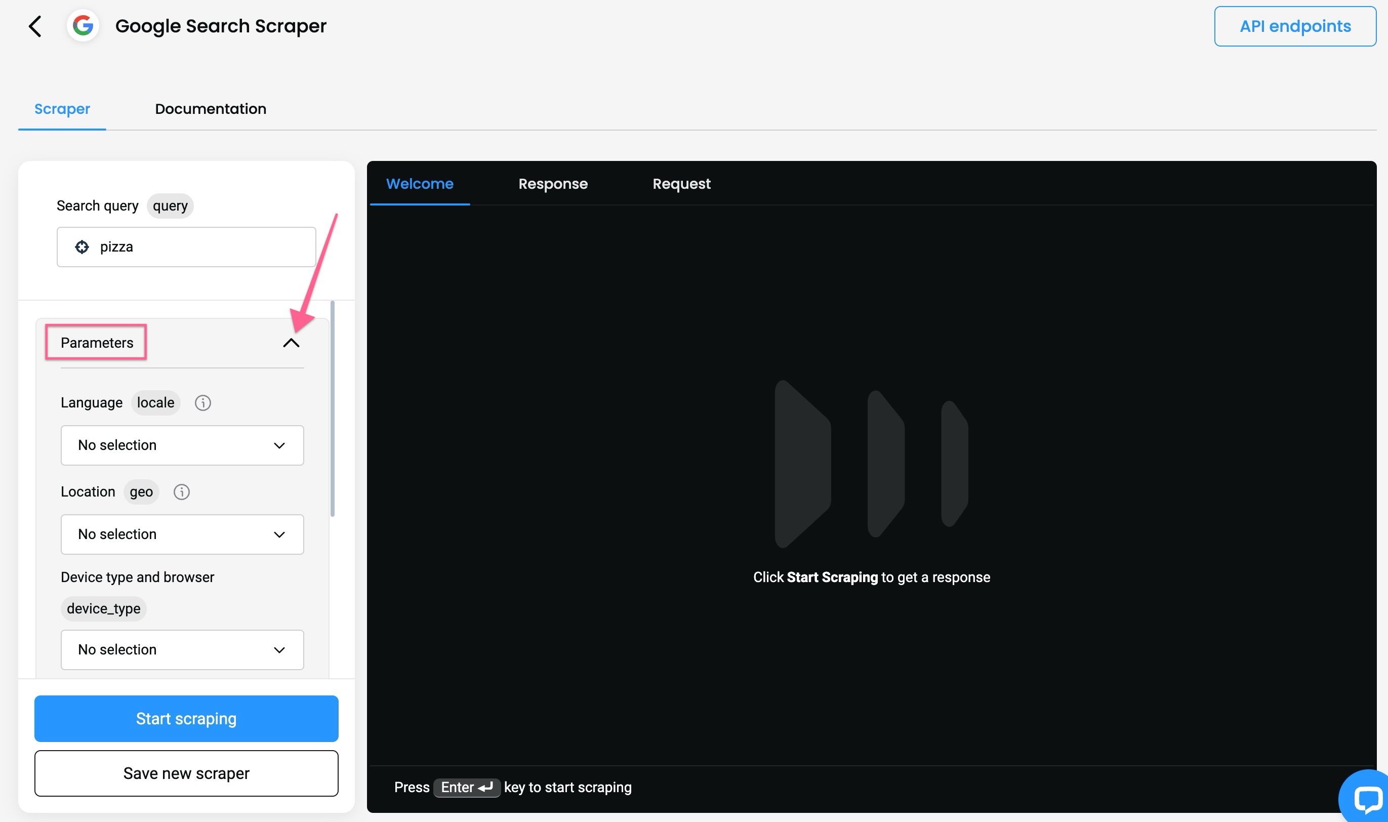 The Scrapers section – selecting parameters.