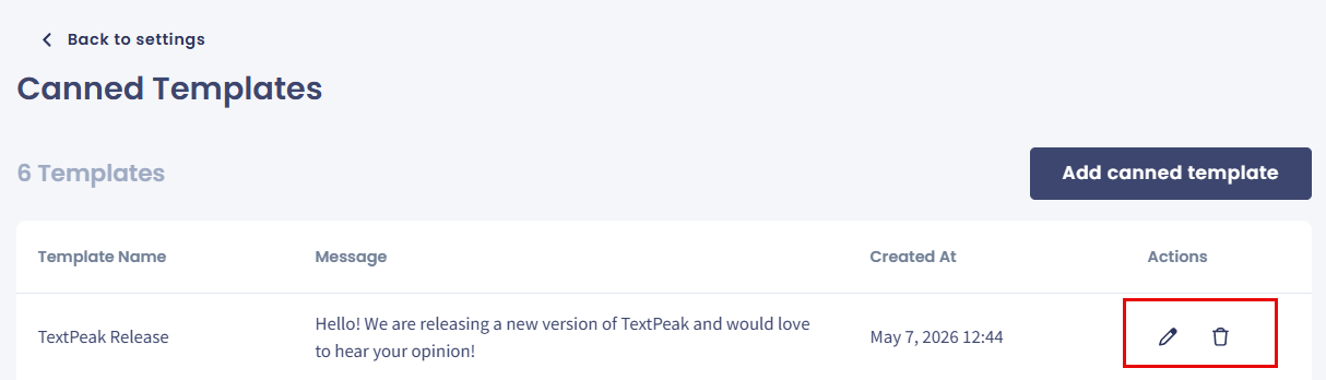 Screenshot of the canned template action buttons