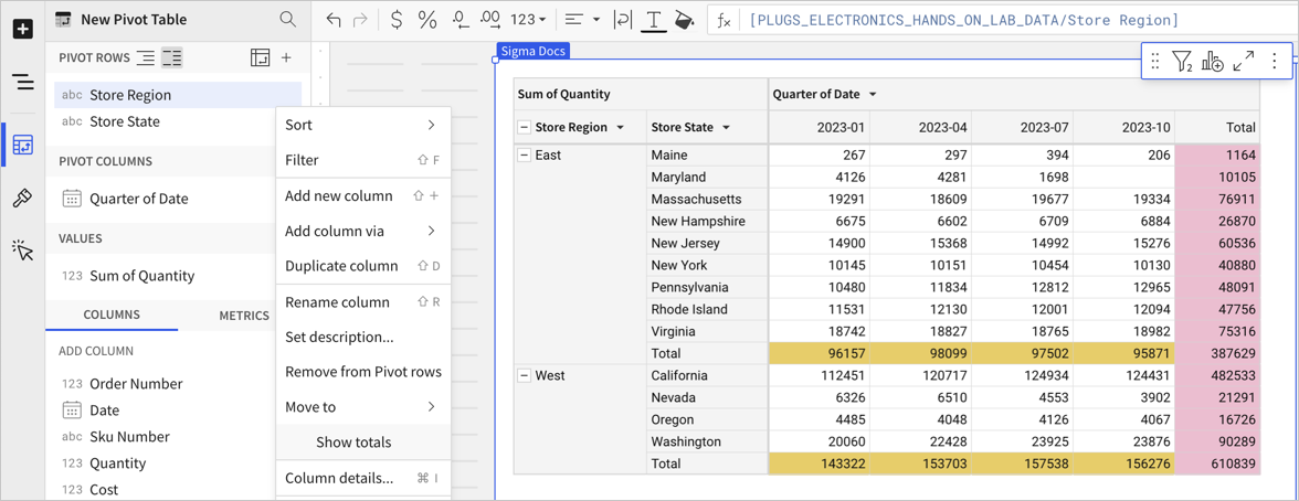 Pivot table showing the sales quantities for store regions and states, with columns for each quarter. Subtotals appear for the West and East regions, and a Total column is shown.