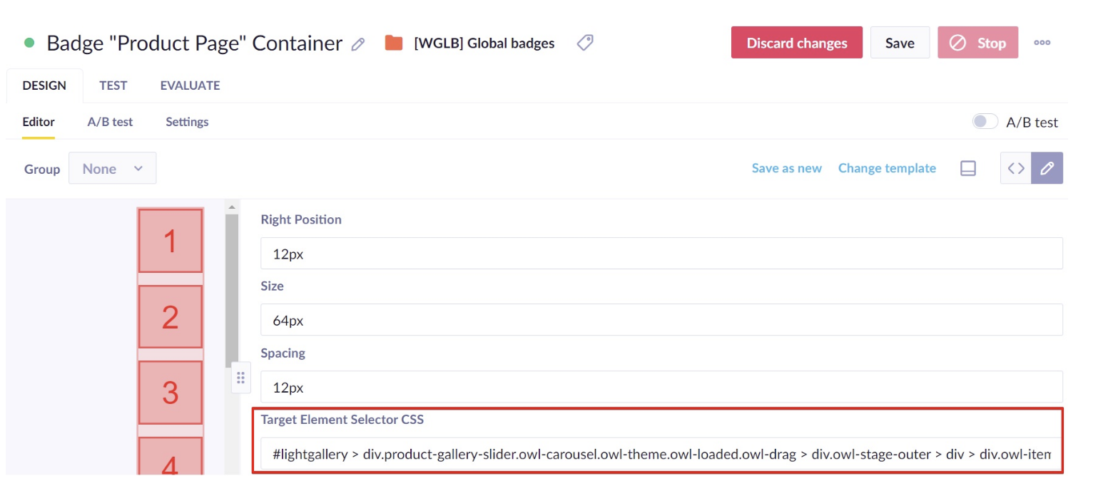 Badge Product Page Container weblayer editor showing the Target Element Selector CSS parameter field with example CSS selector value.