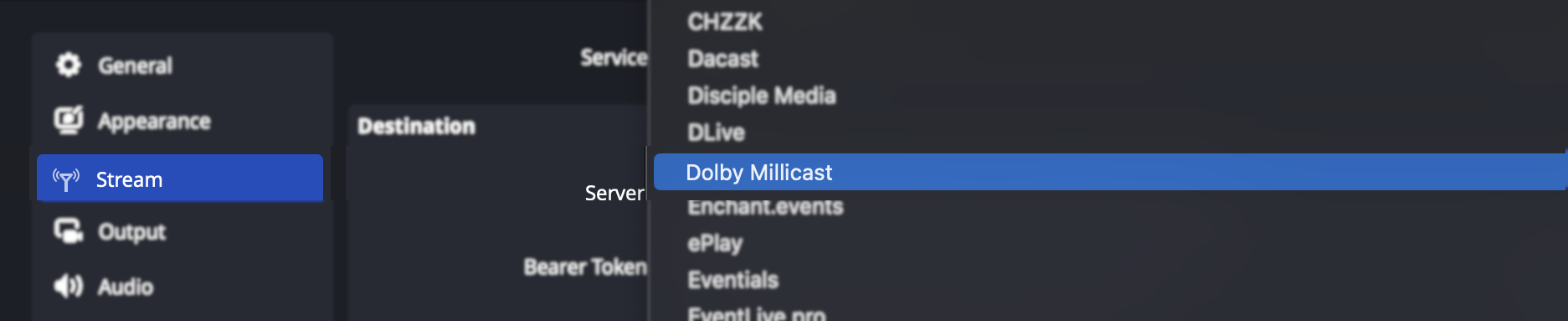 OBS 30.x Dolby Millicast Service