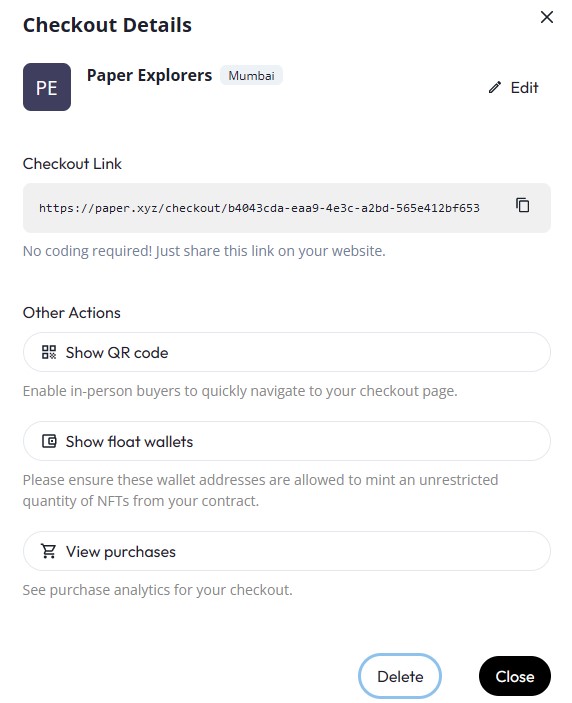 In the [dashboard](https://paper.xyz/dashboard), you can get the QR code and view analytics for your checkouts