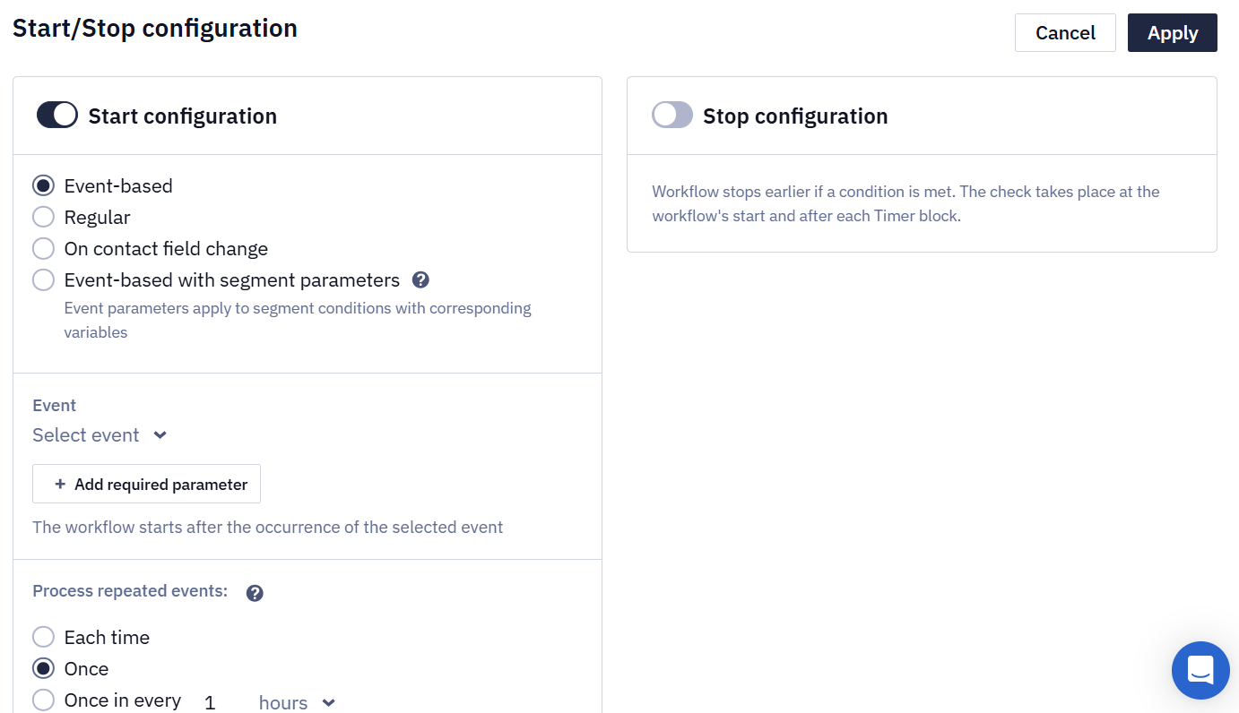 Event-based start configuration with Each time, Once, and Once in every options