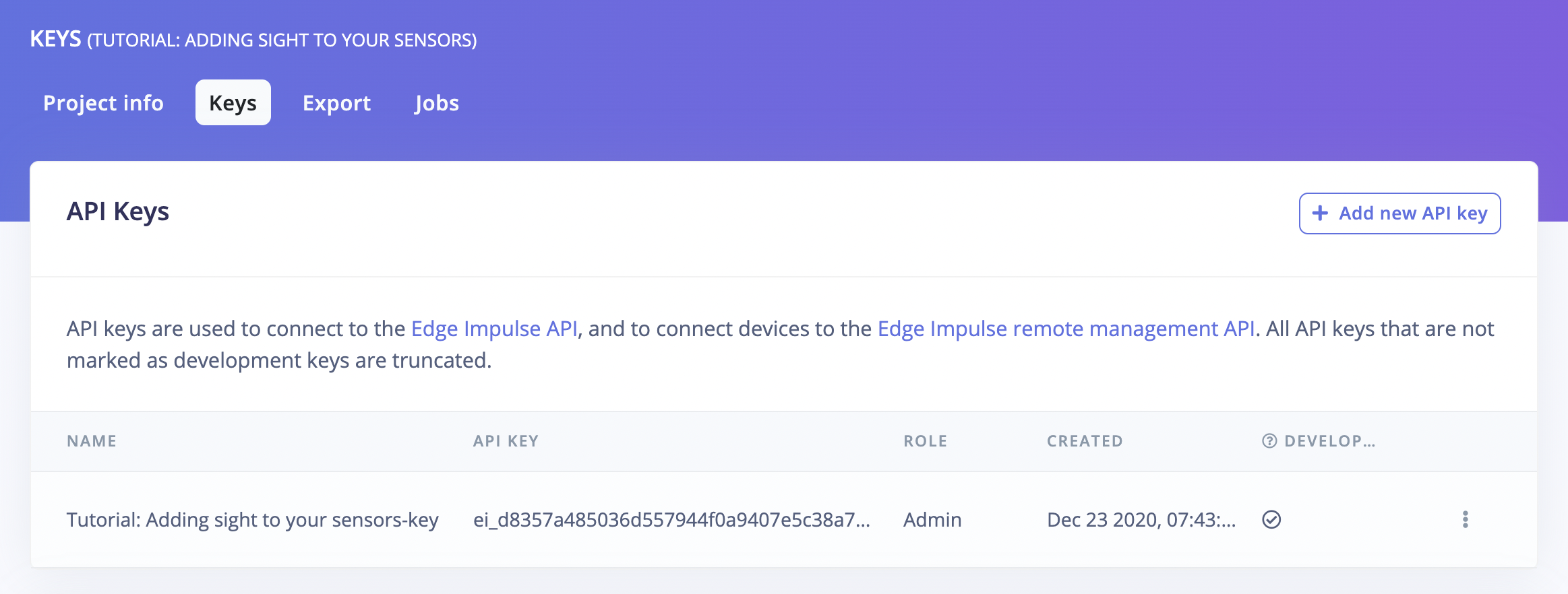 Edge Impulse project API keys