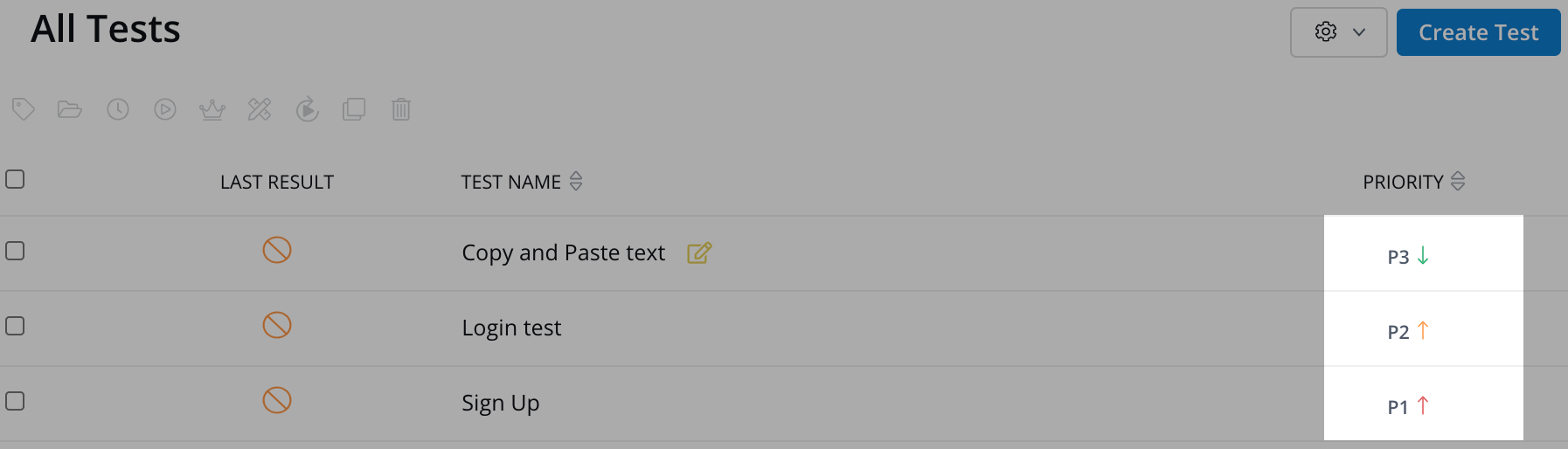 1.png Assigning a priority from the All Tests page.