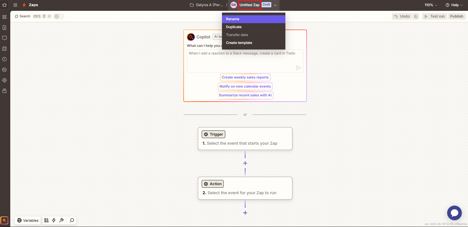 Screenshot of the screen with naming Zap