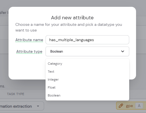 Screenshot of the modal that appears when you add a new attribute on the settings page.