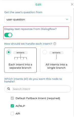 **Enable** this setting to automatically display text responses from Dialogflow