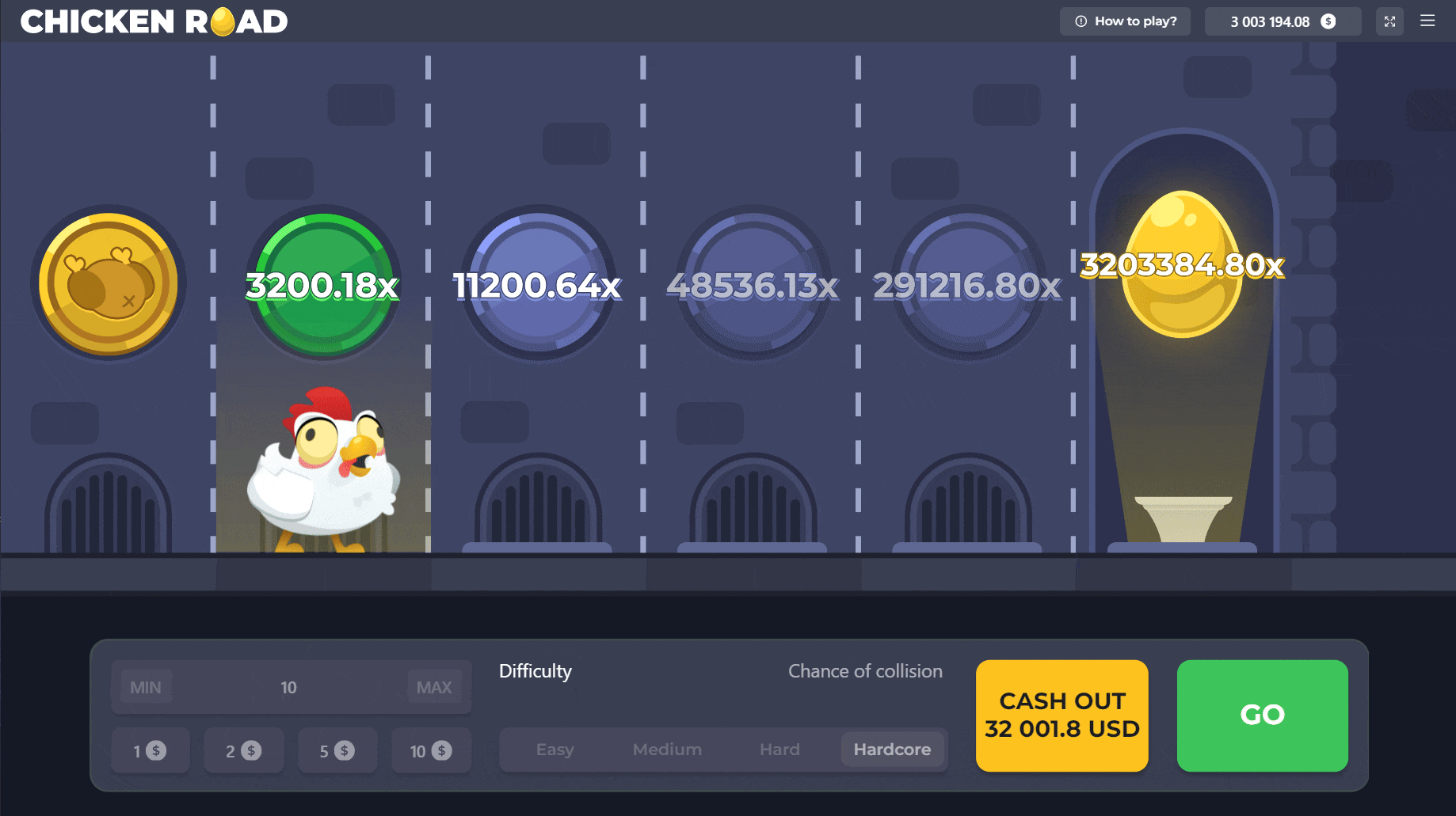 Chicken Road Game win screen showing x3200.18 multiplier and a potential golden egg prize of x3203384.80. Player chooses Hardcore mode with $10 bet and cashes out $32,001.80 USD.