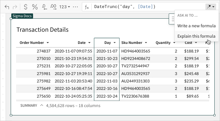 Table showing a column generated by a formula. Formula assistant menu displayed with cursor over the "Explain this formula" option.