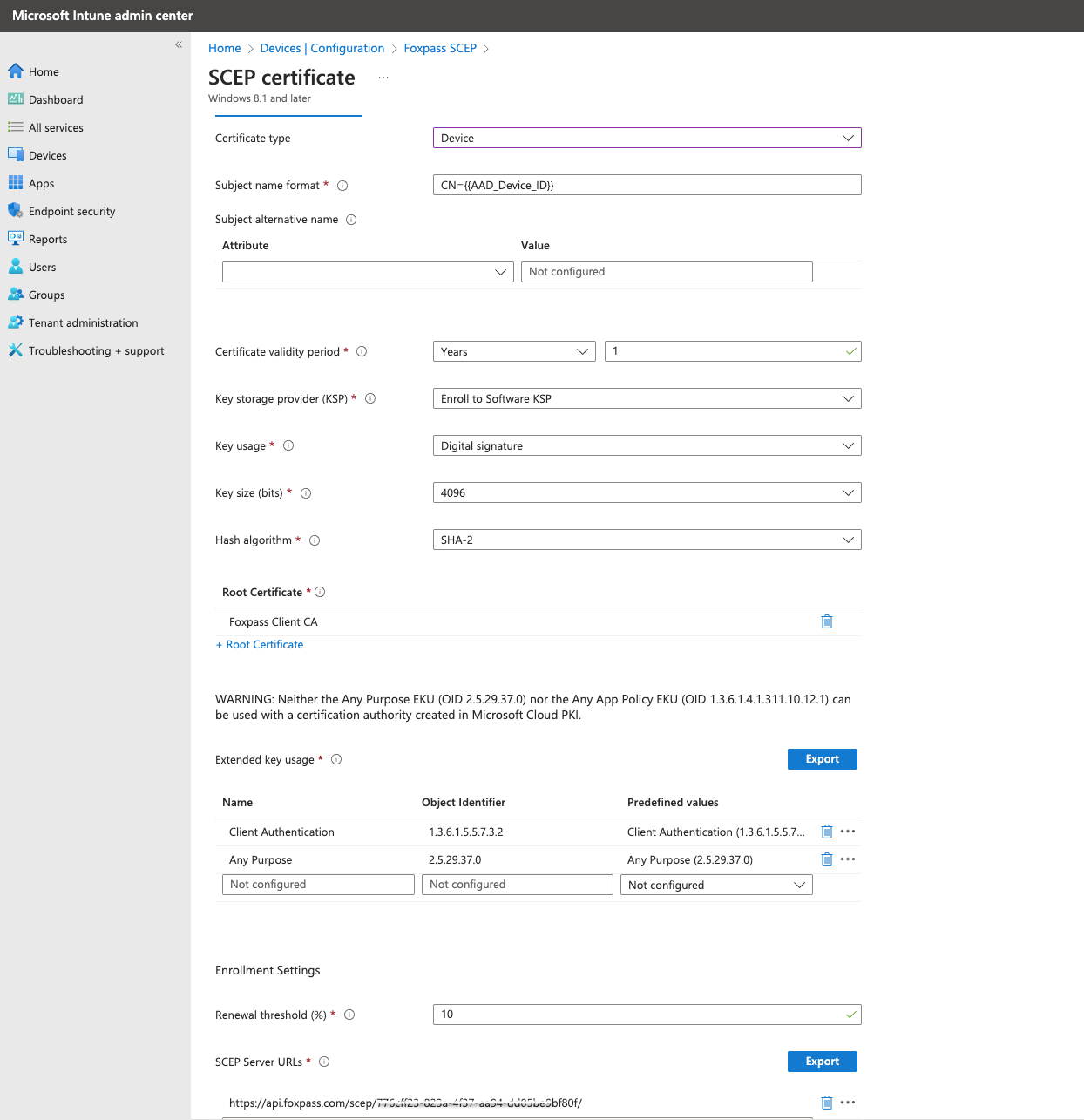 Sample SCEP Profile - Device certificate type