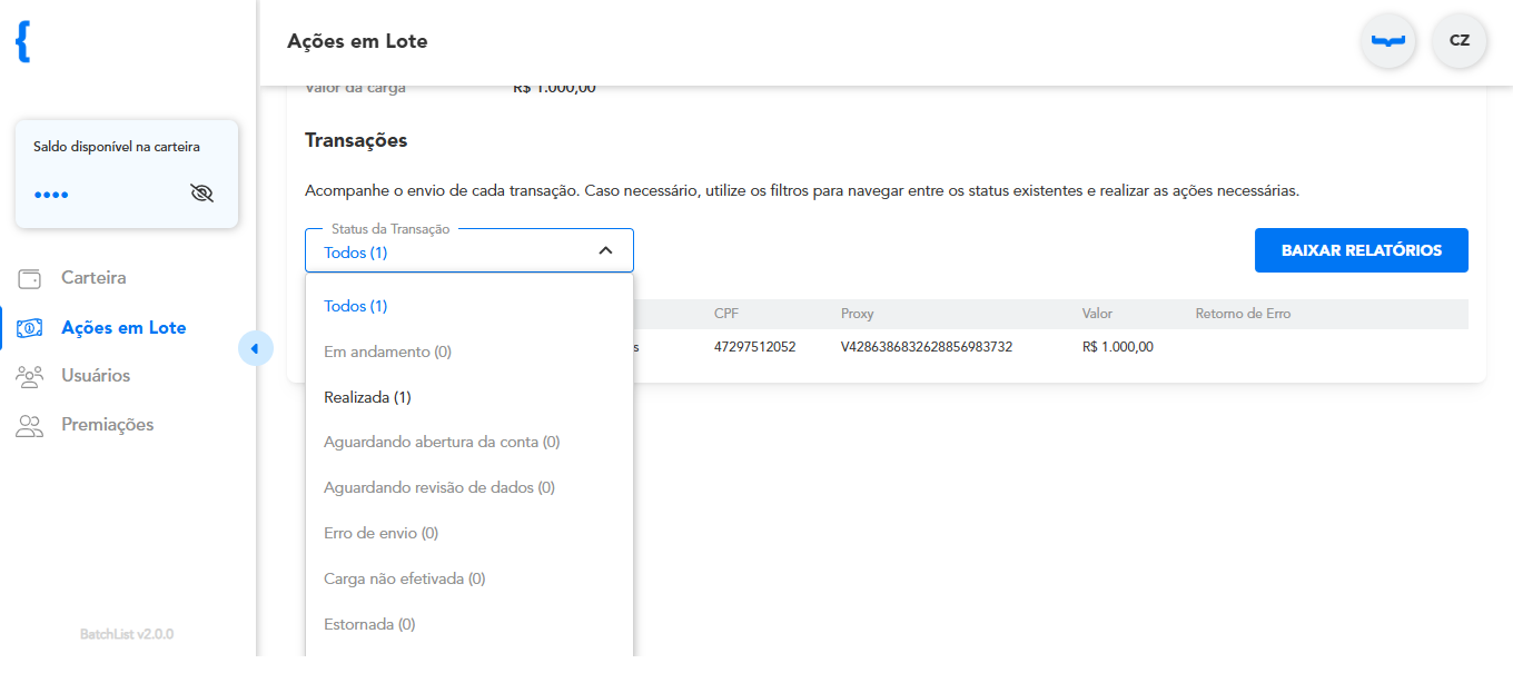 Transações referentes a um premiado
