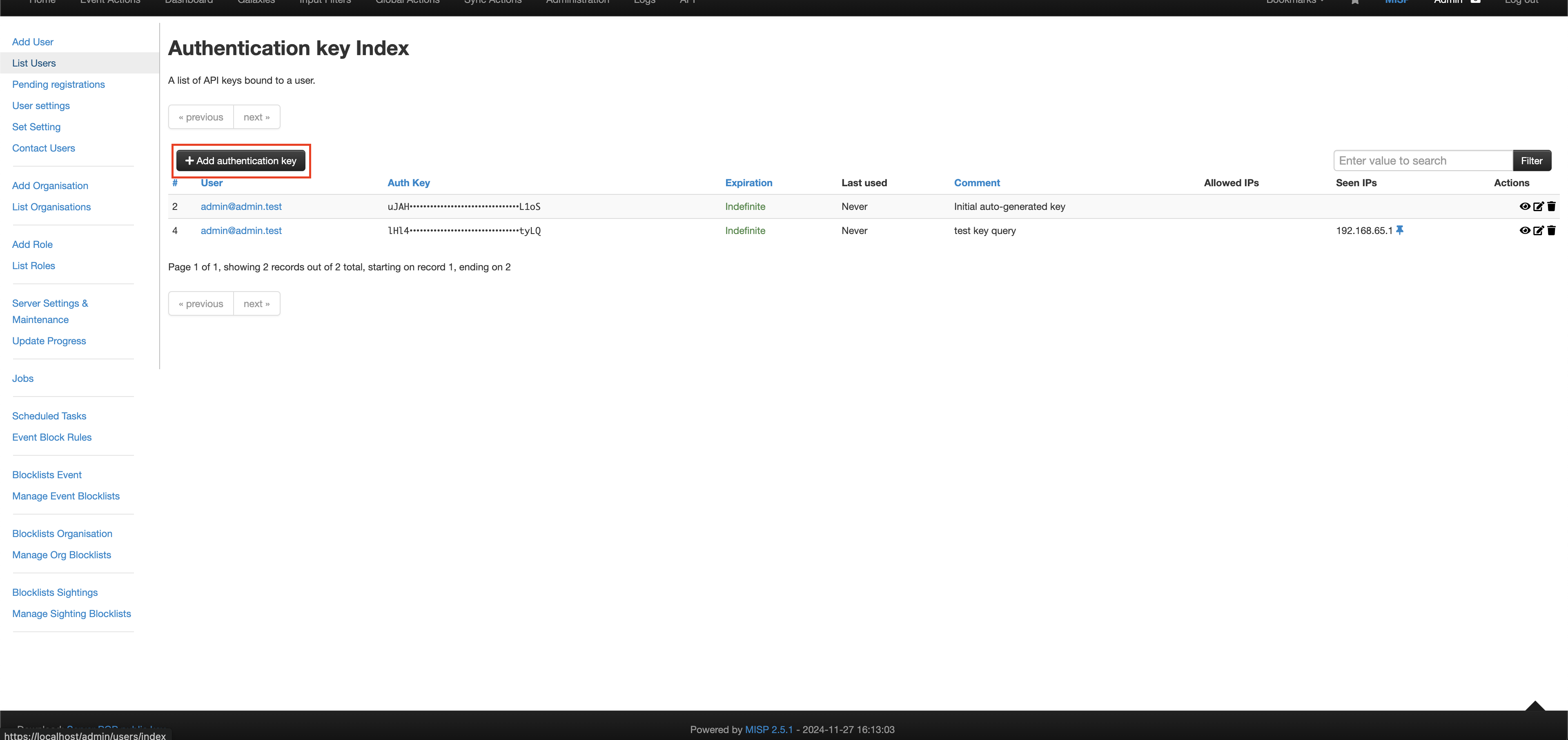 FIG. 3 - Adding a new Auth Key in MISP